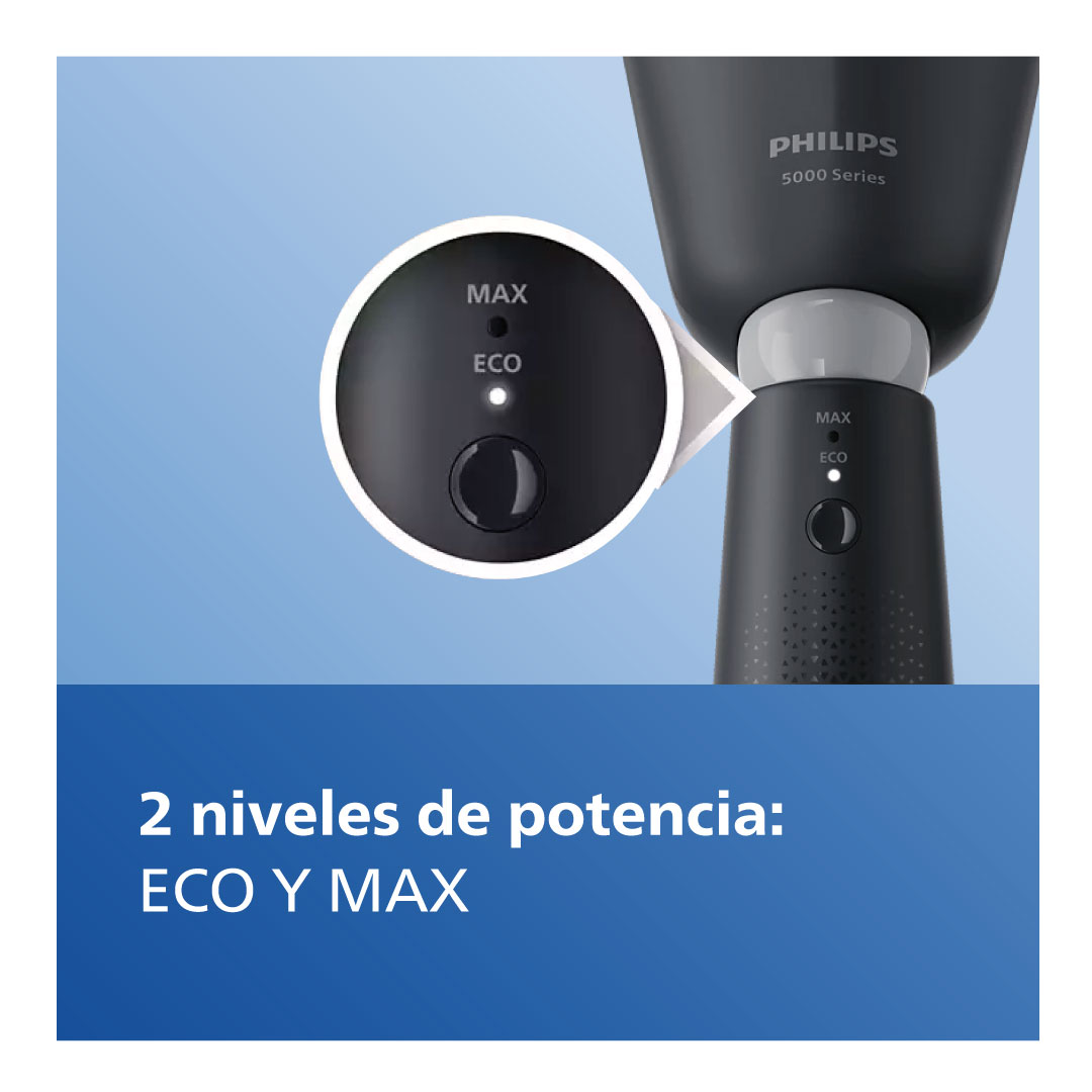 Primer plano de un dispositivo de depilación con botones de nivel de potencia ECO y MAX y texto en español.