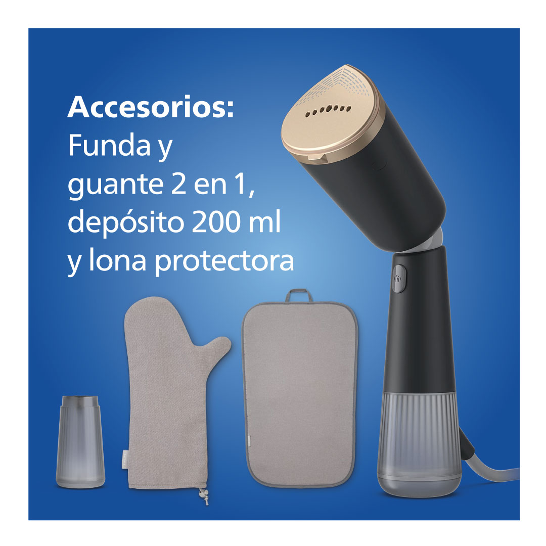 Plancha de vapor con accesorios, incluida una funda y un guante.