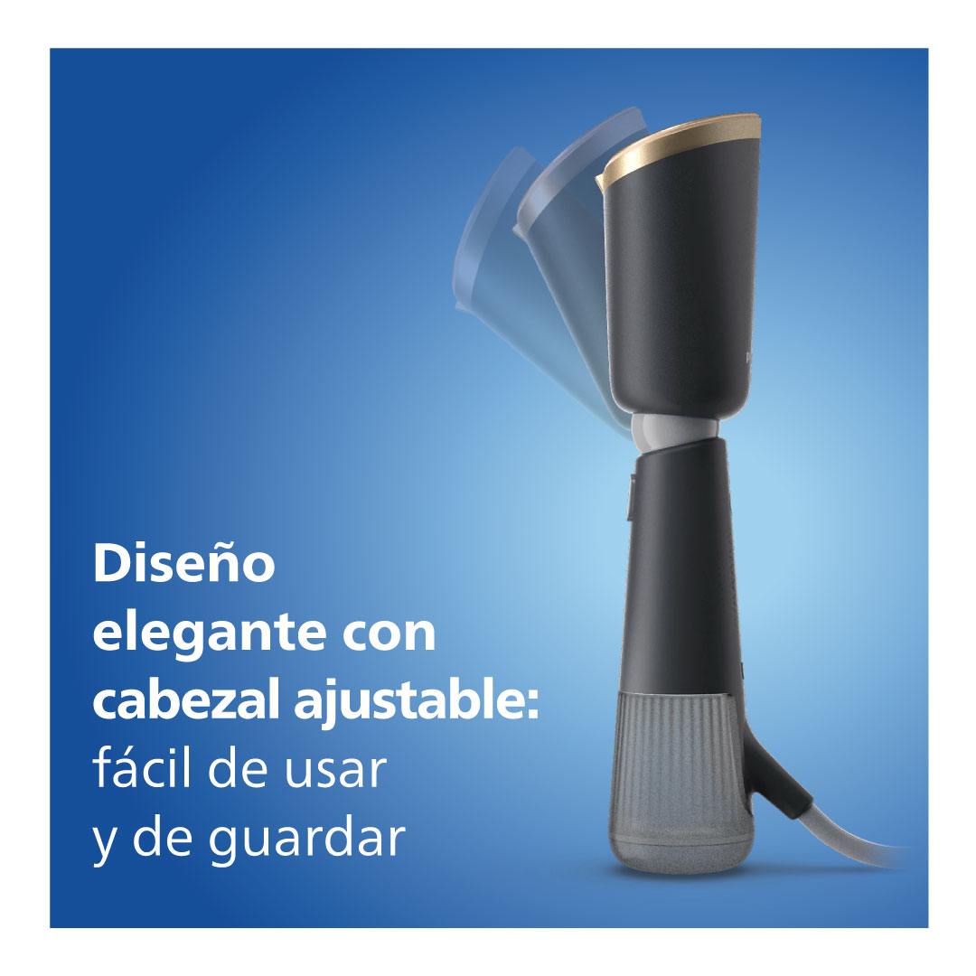 Vaporizador de ropa negro y dorado con cabezal ajustable. Fondo azul con texto.
