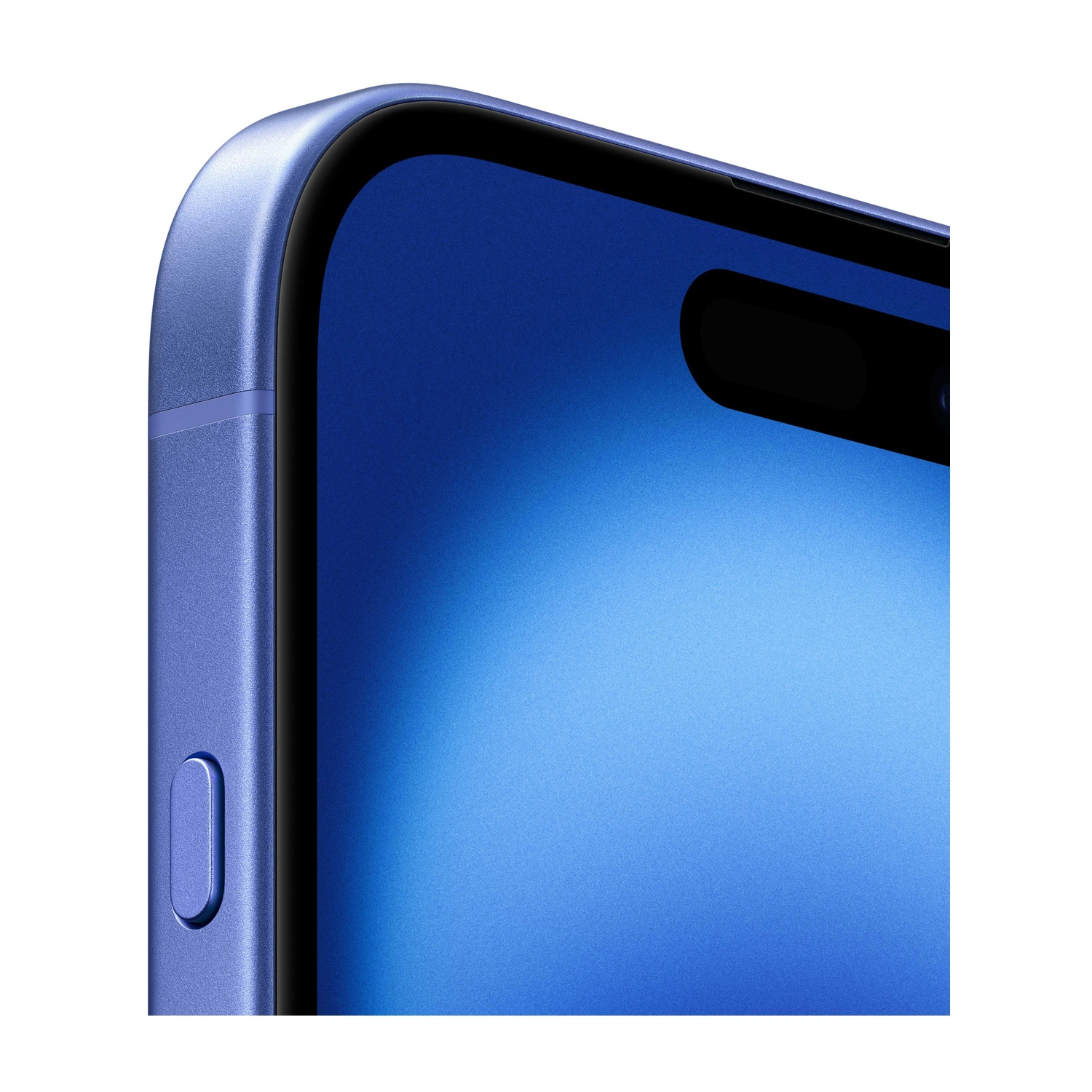 Primo piano di un telefono blu con schermo nero, che mostra un angolo.