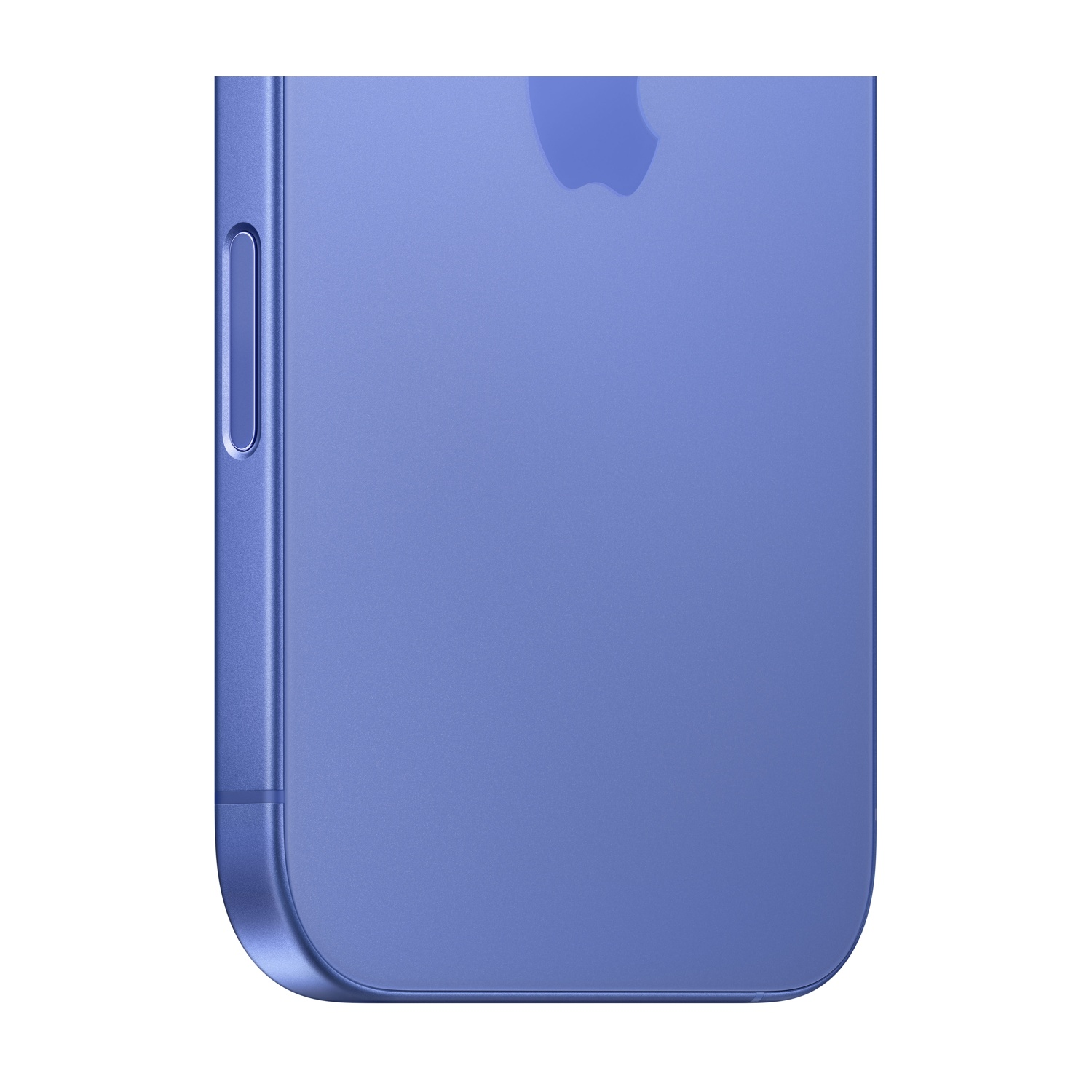 Primo piano del lato di un telefono blu, che mostra i pulsanti e un bordo curvo, su sfondo bianco.