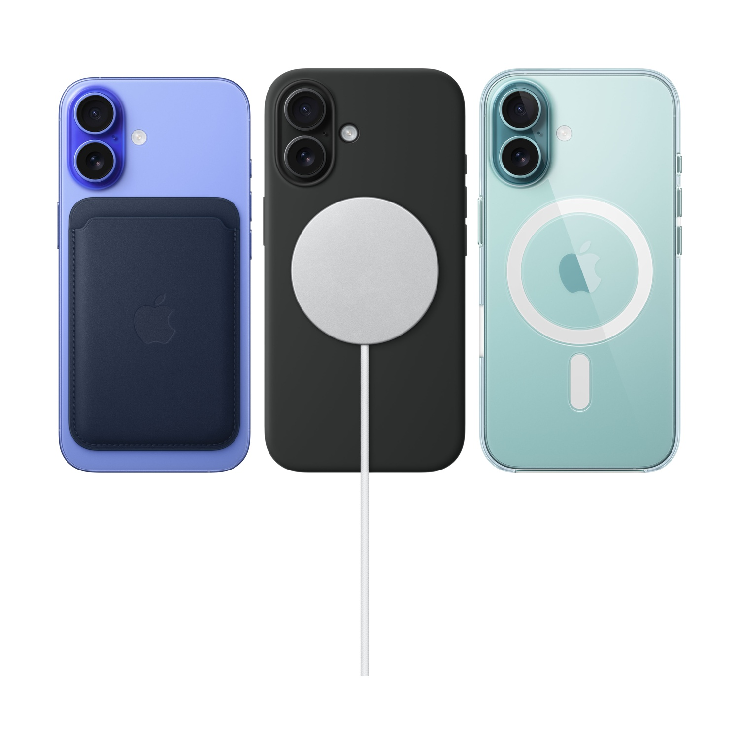 Tre iPhone: viola, nero e azzurro, con accessori come un portafoglio e un caricabatterie.