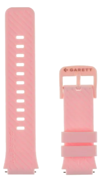 Dwa różowe paski do zegarka. Jeden ma szczeliny, drugi klamrę z nazwą marki 'GARETT'.