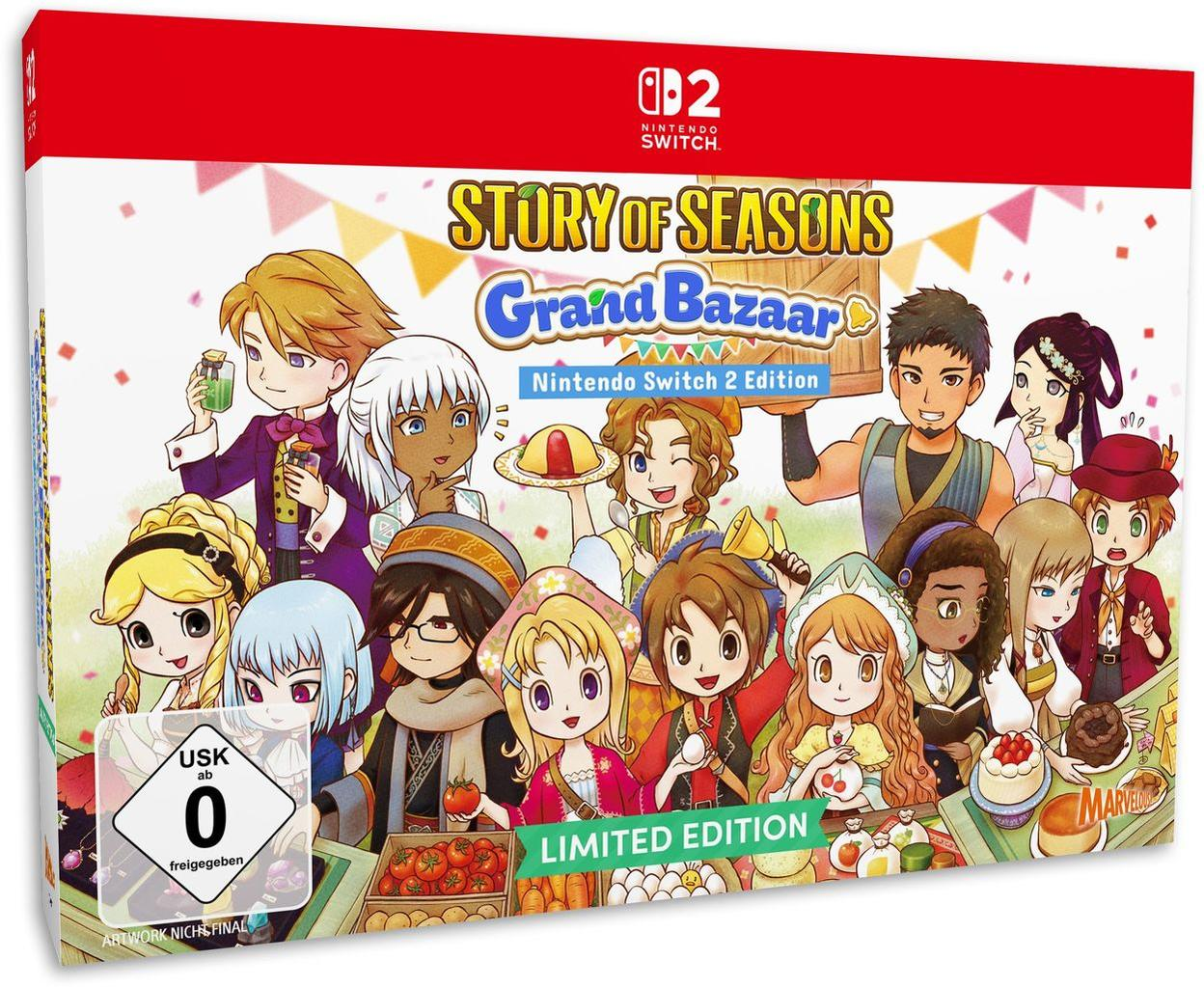 Eine Spielbox mit Cartoon-Figuren, dem Titel Story of Seasons: Grand Bazaar und japanischem Text.