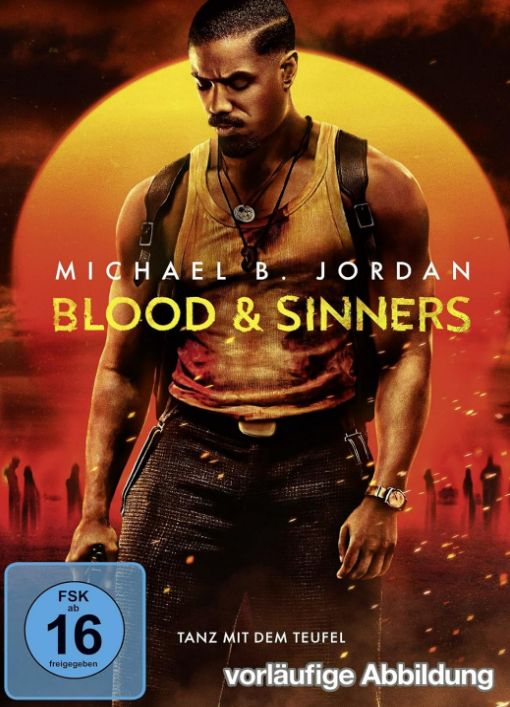 Filmposter mit Michael B. Jordan. Titel 'BLOOD & SINNERS' mit Sonnenuntergang.