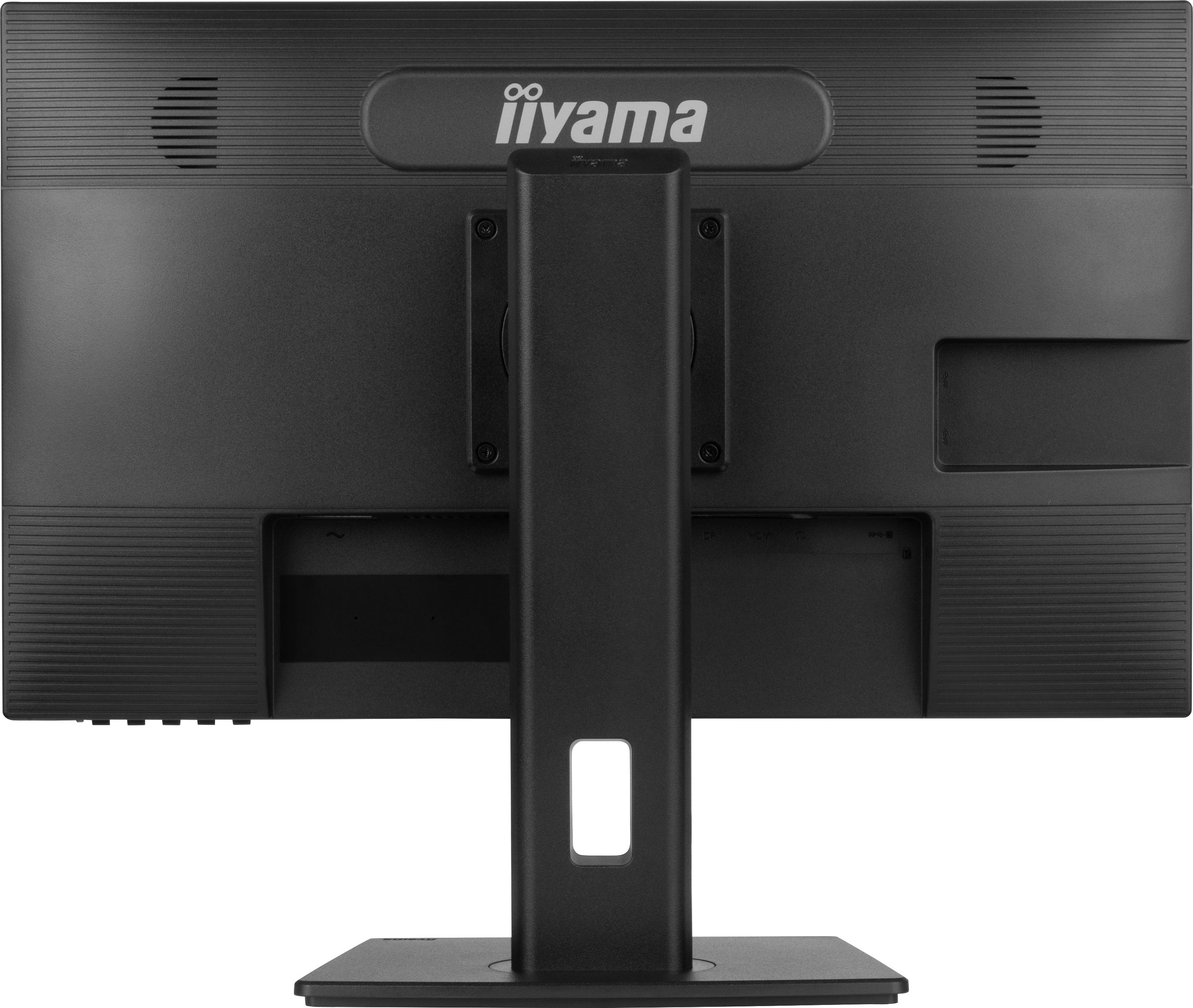 Rückseite eines schwarzen iiyama-Monitors mit Ständer. Zeigt Anschlüsse und den Markennamen oben.