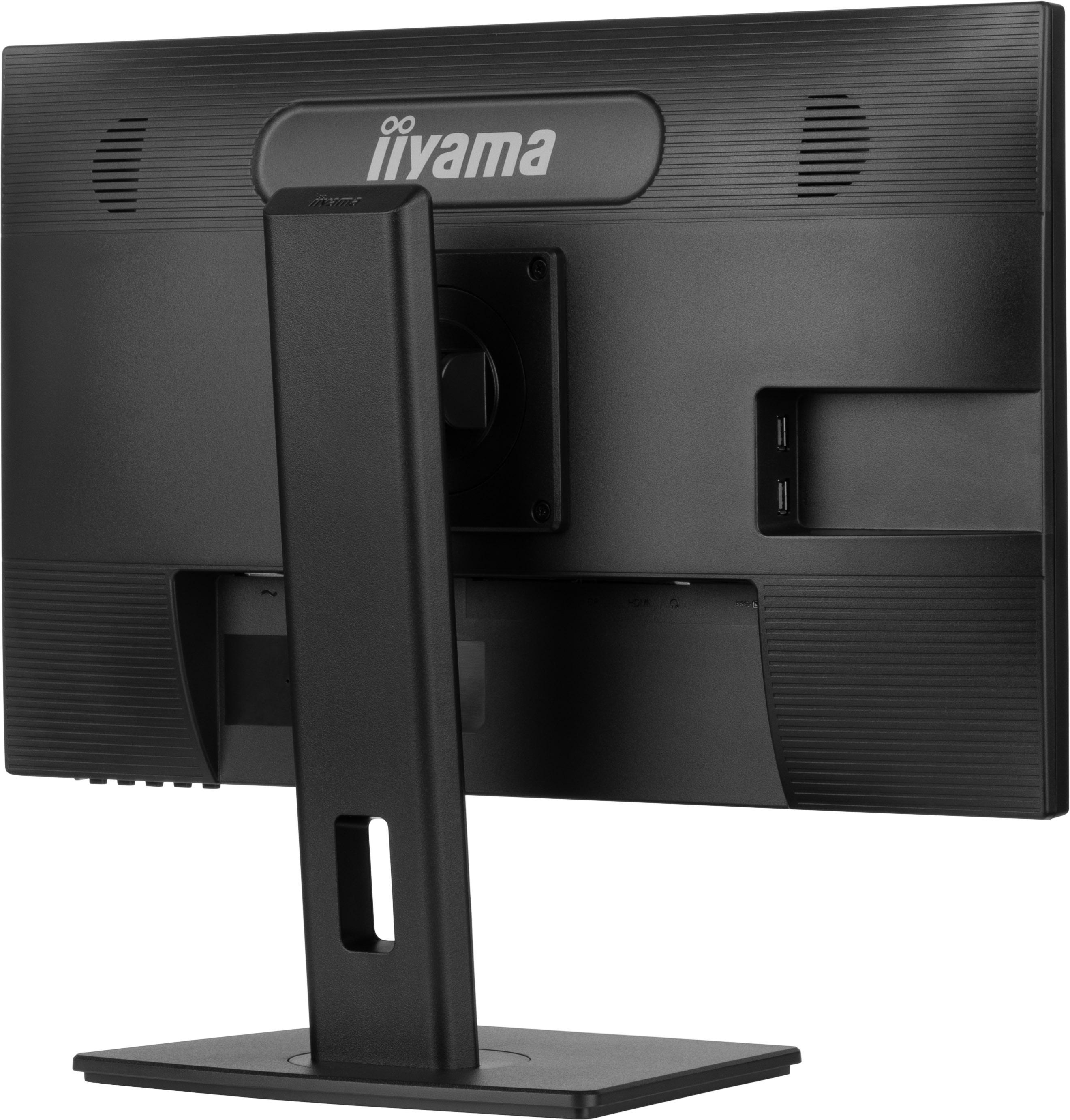 Rückseite eines schwarzen iiyama-Monitors mit Anschlüssen und Ständer. Die Rückseite ist schwarz.