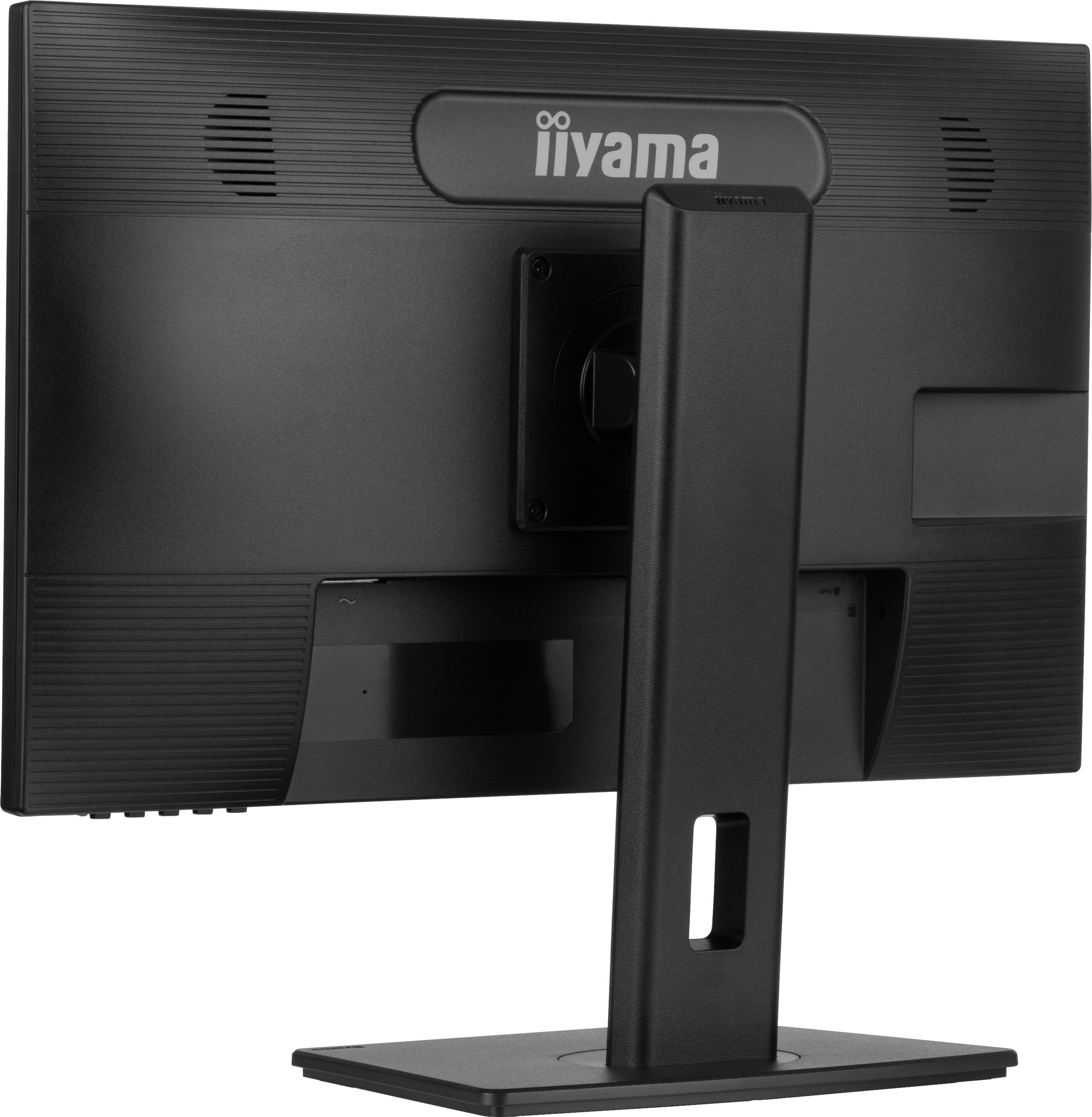 Rückseite eines schwarzen Computermonitors. Zeigt den Ständer und das Iiyama-Logo. Lüftungsöffnungen sind sichtbar.