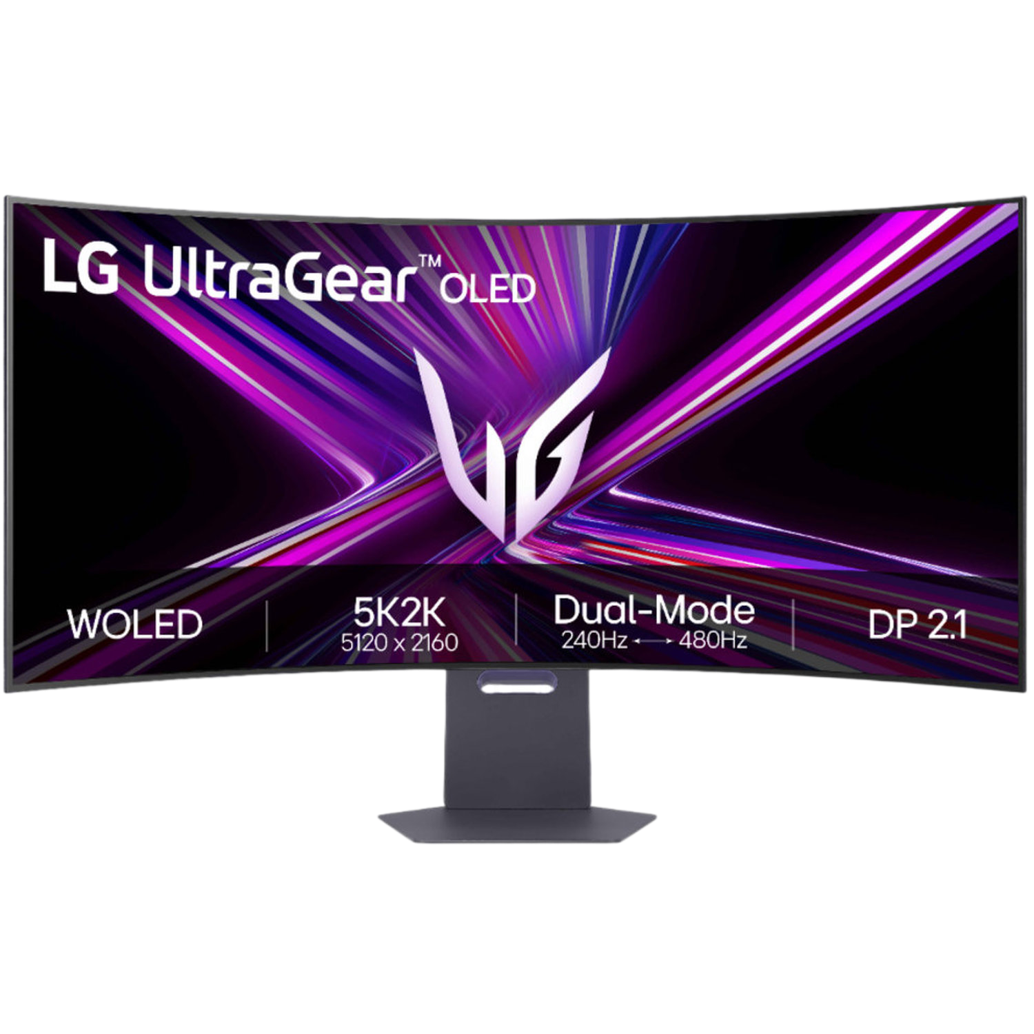 Moniteur LG UltraGear OLED incurvé. L'écran affiche un motif abstrait violet et blanc. Spécifications : 5K2K, 240Hz-480Hz et DP 2.1.