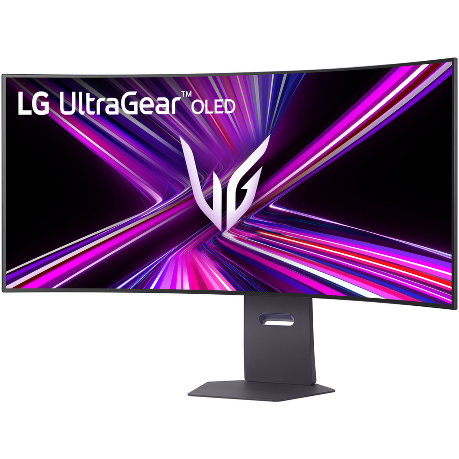 Moniteur OLED LG UltraGear incurvé. L'écran affiche des traînées lumineuses violettes et roses sur fond noir. Le support est gris foncé.