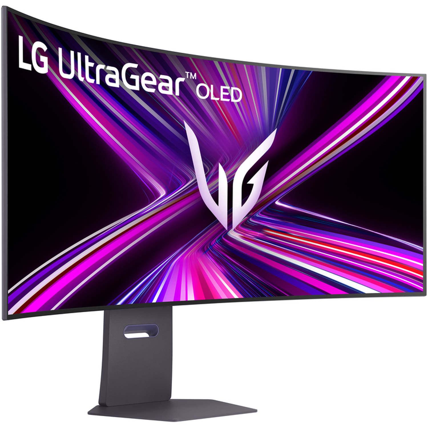 Écran OLED incurvé LG UltraGear. L'écran affiche des lignes violettes et blanches avec le logo LG. Support gris soutient l'écran.