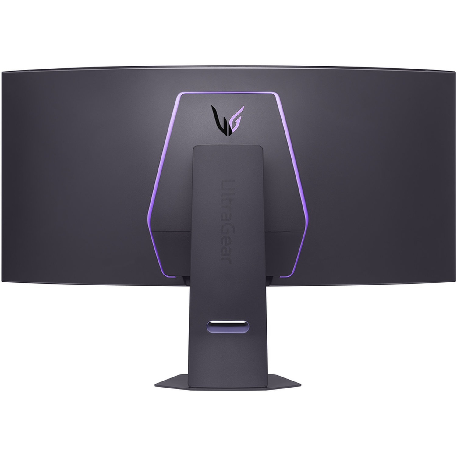 L'arrière d'un moniteur LG UltraGear incurvé gris foncé. Il a un support, avec des accents violets et un logo en haut.
