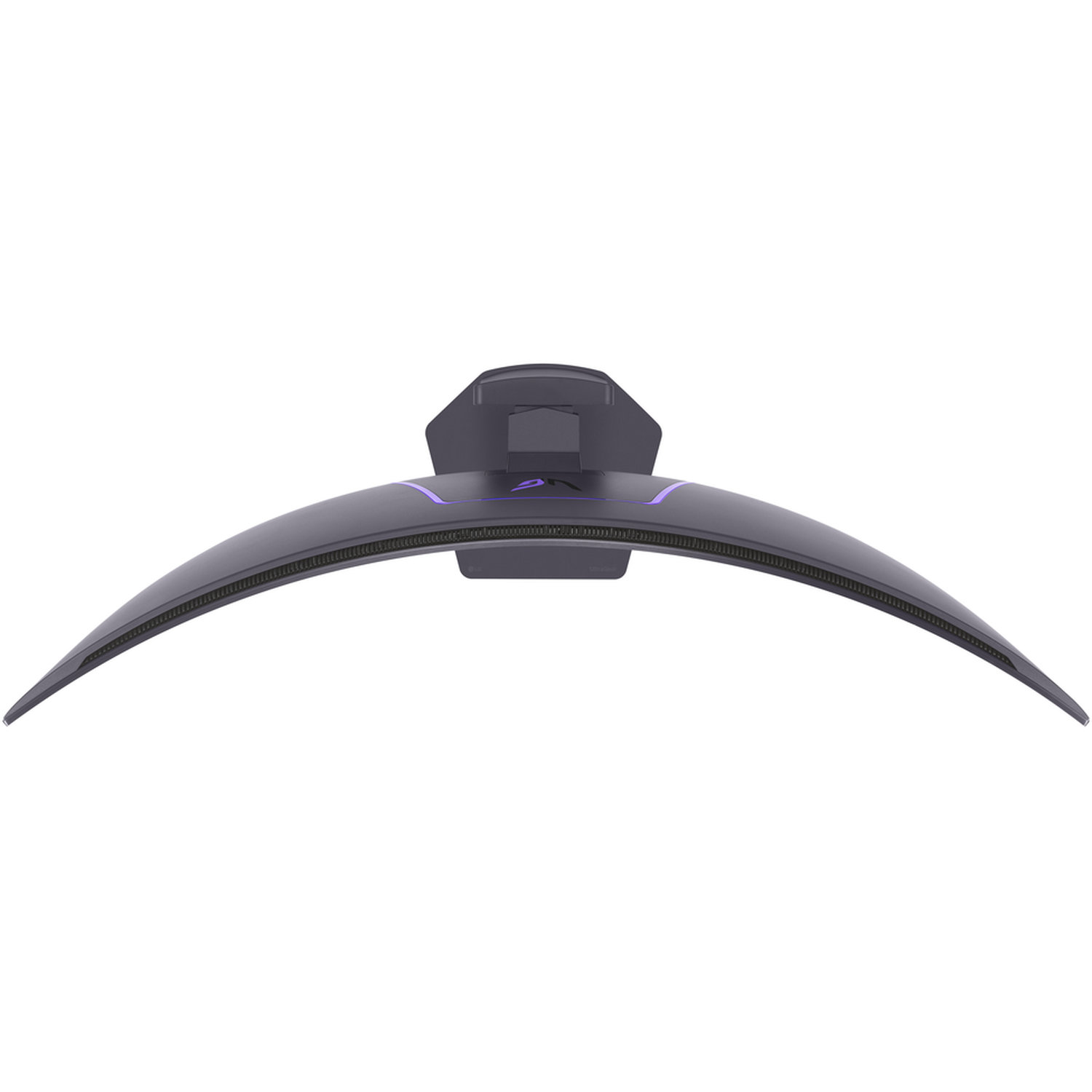 Un écran incurvé est vu d'en haut. Il est gris foncé avec des lumières violettes. Le support est également gris foncé.