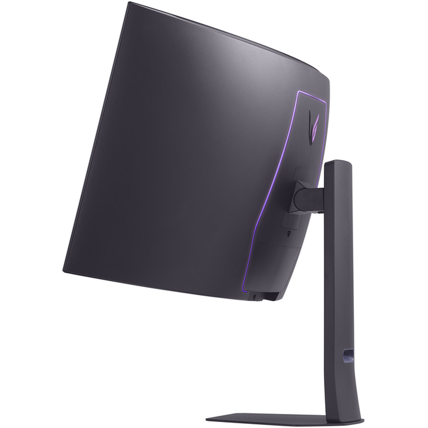 Un écran d'ordinateur noir incurvé vu de dos avec un éclairage d'accentuation violet. Il repose sur un support gris foncé sur fond blanc.