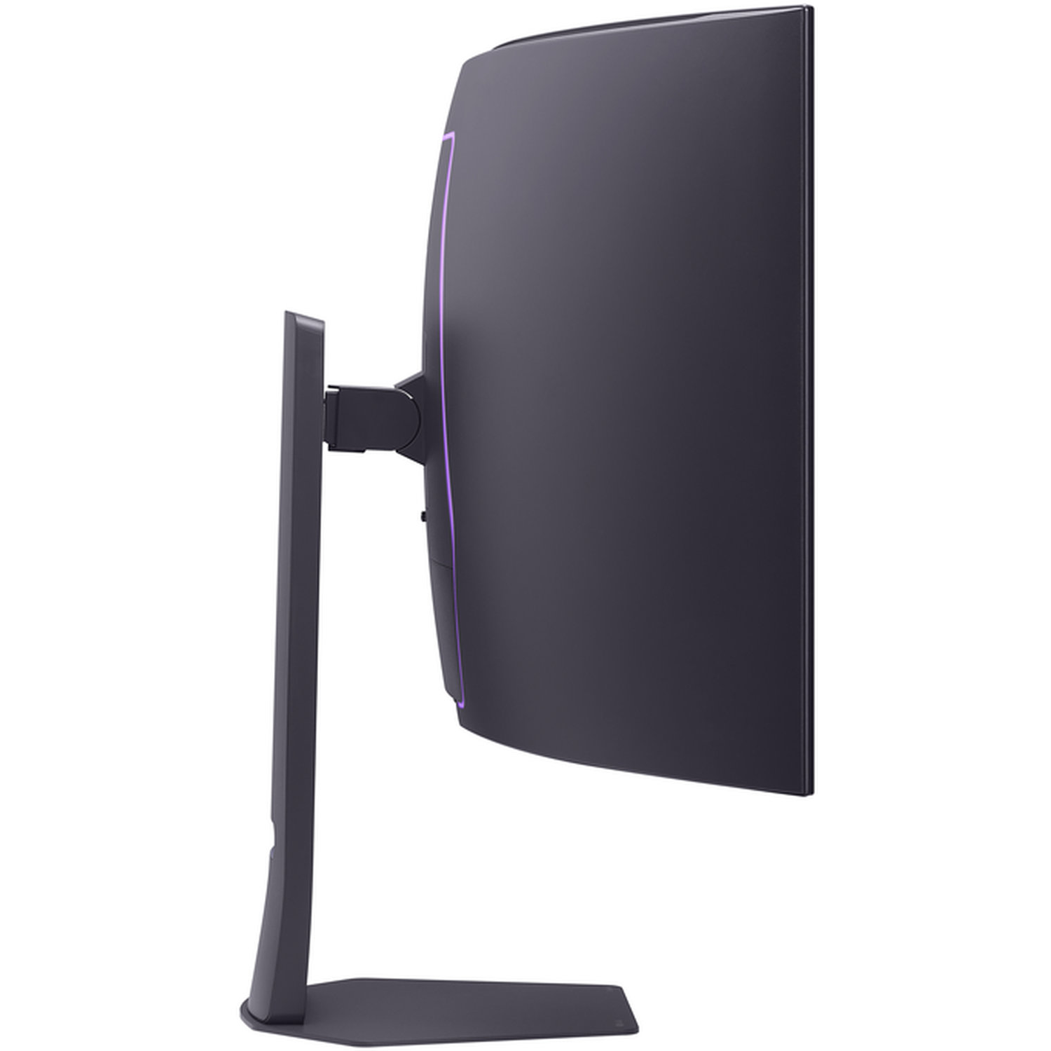 Vue latérale d'un écran incurvé. Il est gris foncé avec une lumière violette sur le bord. Le support est également gris foncé.