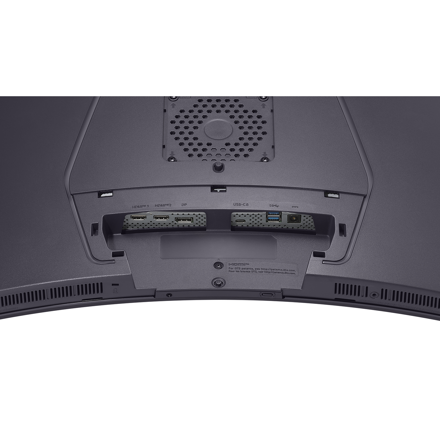 L'arrière d'un moniteur incurvé avec divers ports: HDMI, DP, USB-C. A une palette de couleurs noir et gris. Comprend une ventilation et un ventilateur circulaire.