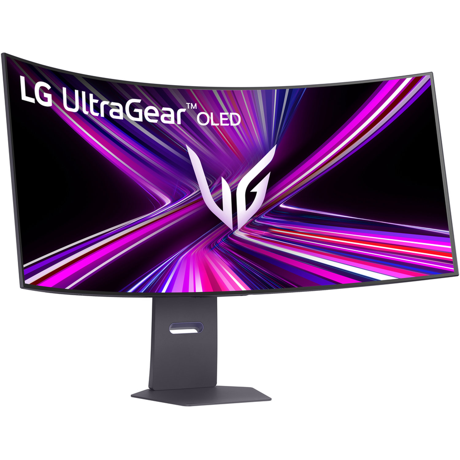 Écran LG UltraGear OLED incurvé. L'écran affiche un motif abstrait violet, rose et blanc. Le moniteur est sur un support gris foncé.