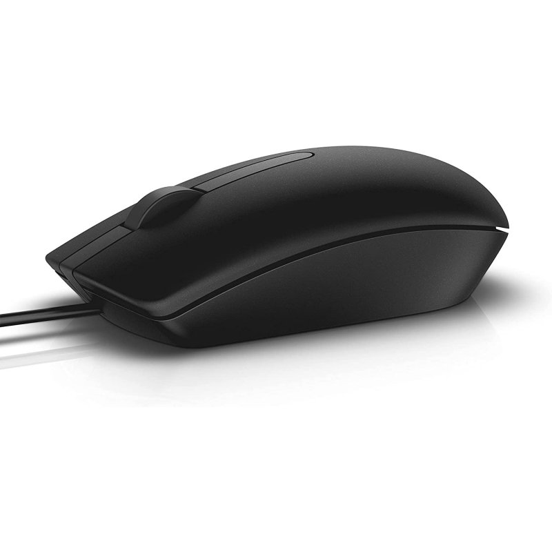 Ratón de computadora negro con rueda de desplazamiento y cable. Sobre superficie blanca.