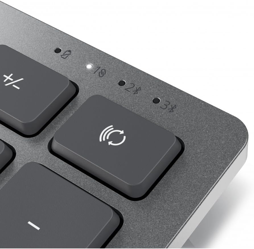 Detalle del teclado con botones. Teclas negras, marco gris e indicadores blancos.