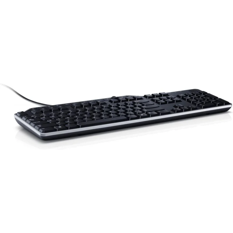 Un teclado negro con borde plateado, visto desde un ángulo bajo.