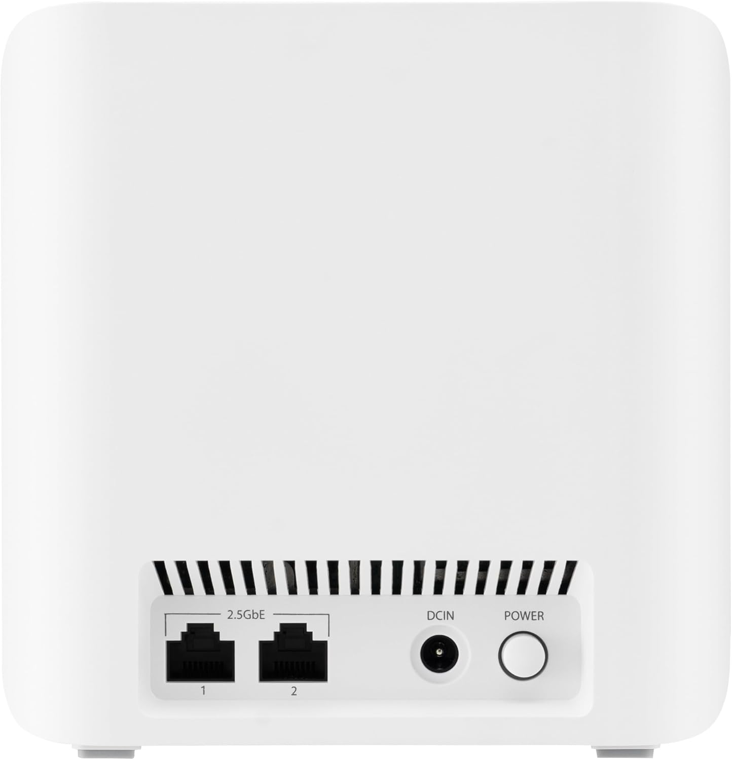 Parte trasera de dispositivo blanco con 2 puertos Ethernet, alimentación y DCIN. Texto: 2.5Gbe.