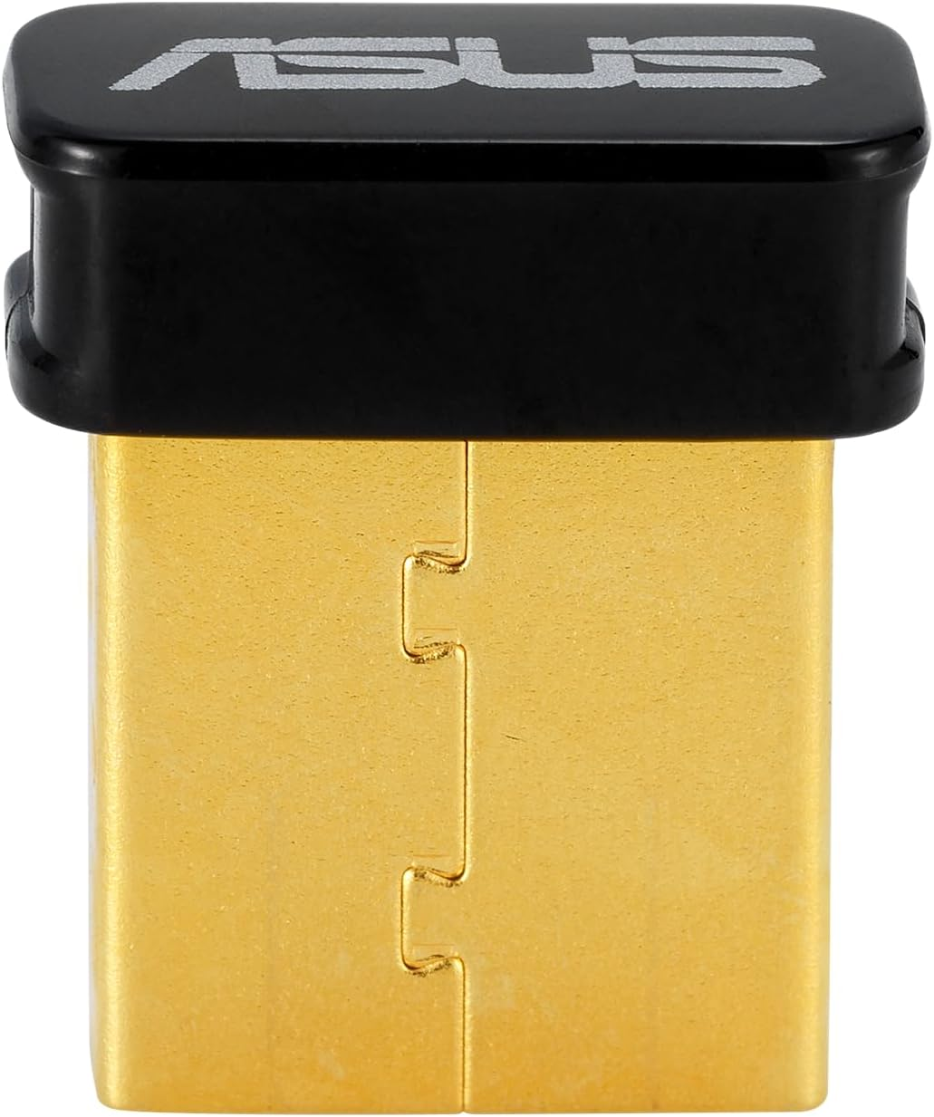 Pequeño adaptador USB dorado con tapa negra. El logo ASUS está en la parte superior.