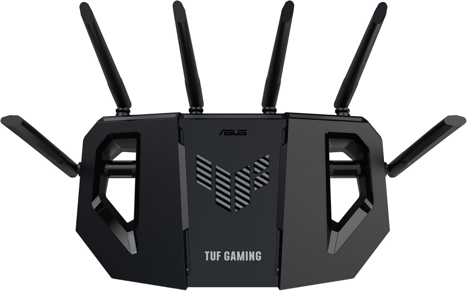 Un router gaming ASUS negro y gris con antenas.