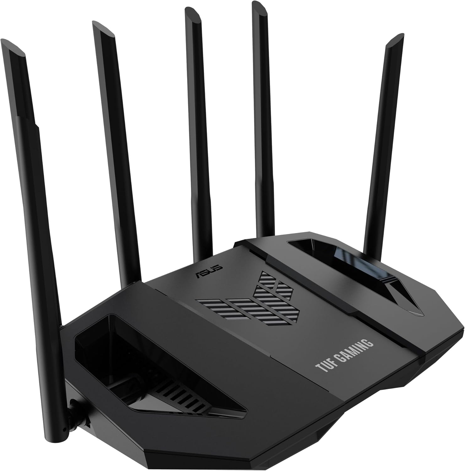 Enrutador de juegos ASUS TUF negro con antenas. Vista en ángulo.