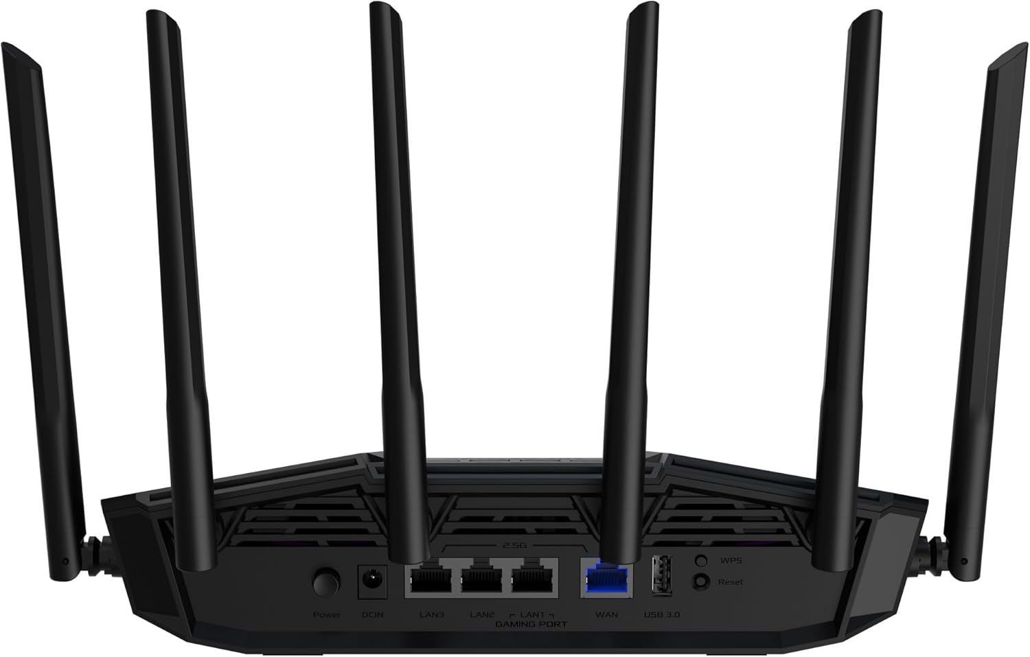 Router negro con múltiples antenas y puertos. Vista trasera, mostrando las características del router.
