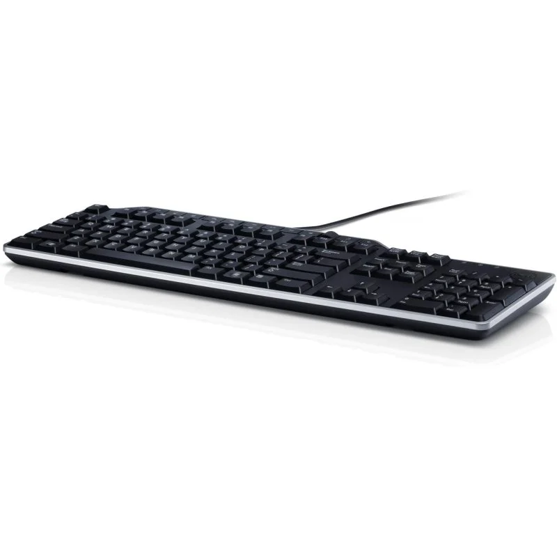 Teclado negro con borde blanco. Teclas en filas, cable conectado. Fondo blanco.