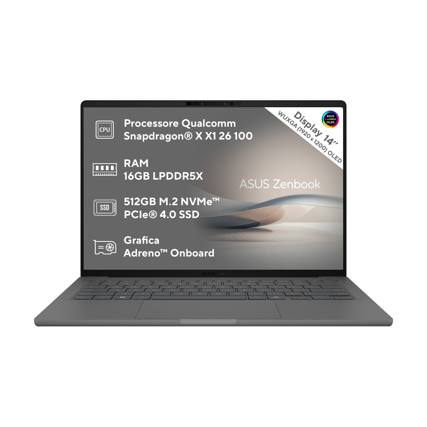 Un laptop grigio con uno schermo che mostra un'immagine colorata. Ha una tastiera e il logo ASUS.