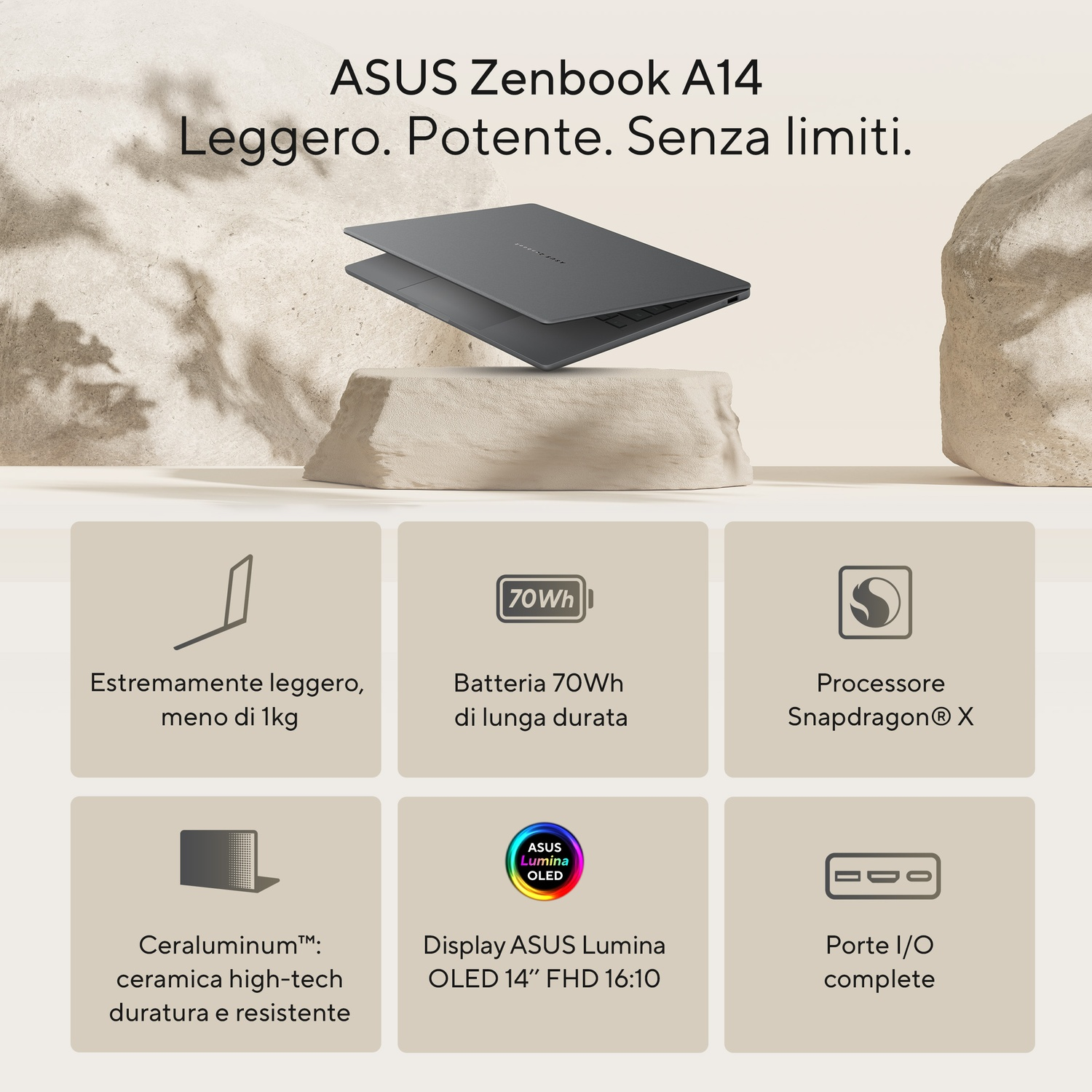 Un ASUS Zenbook A14 con testo in italiano. Mostra caratteristiche come leggero e batteria 70Wh.