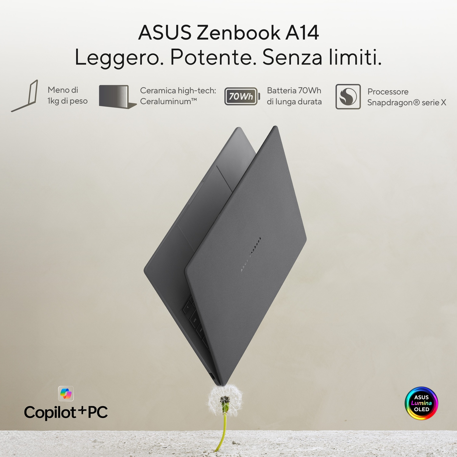 Un laptop grigio, aperto, con lo slogan 'ASUS Zenbook A14, Leggero. Potente. Senza limiti'.