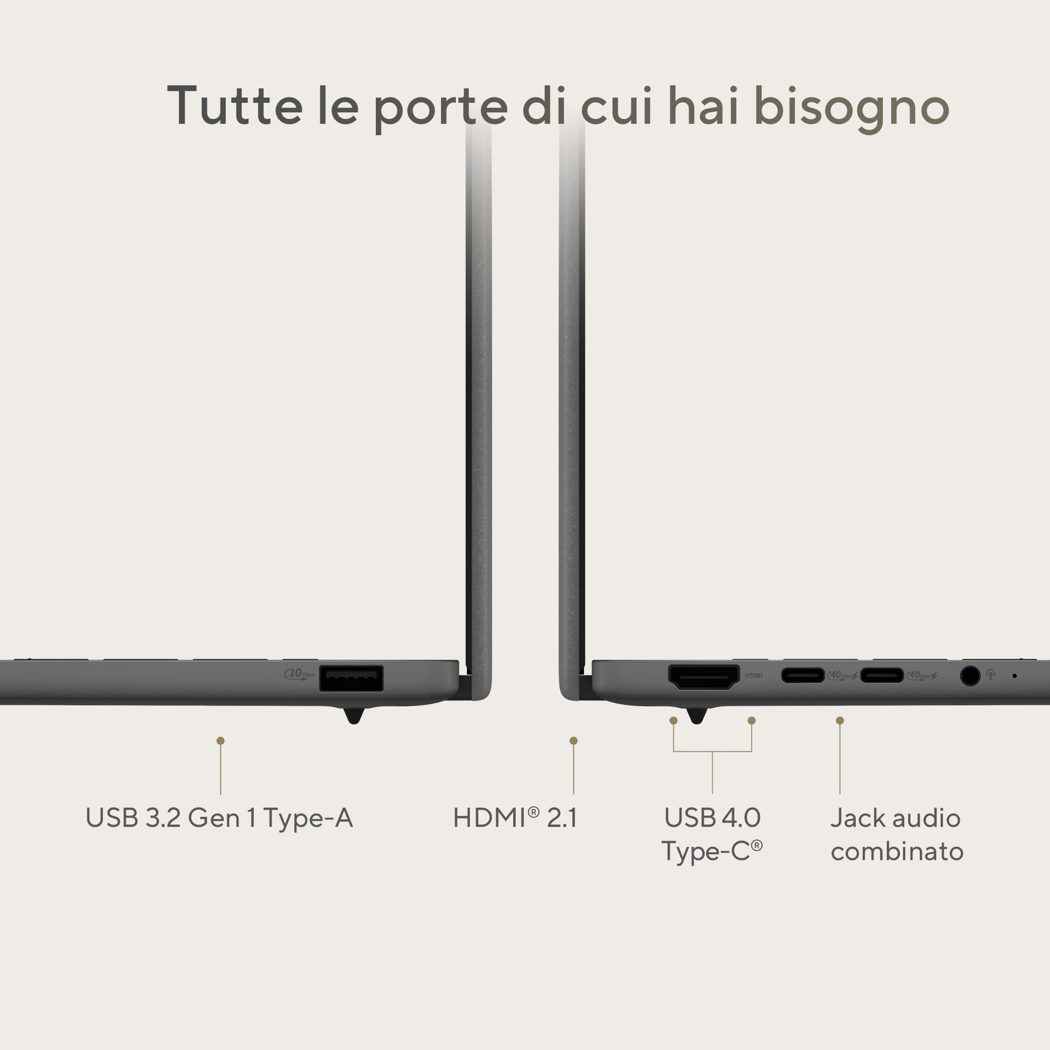 Porte del laptop: USB 3.2, HDMI 2.1, USB 4.0 e jack audio combinato.