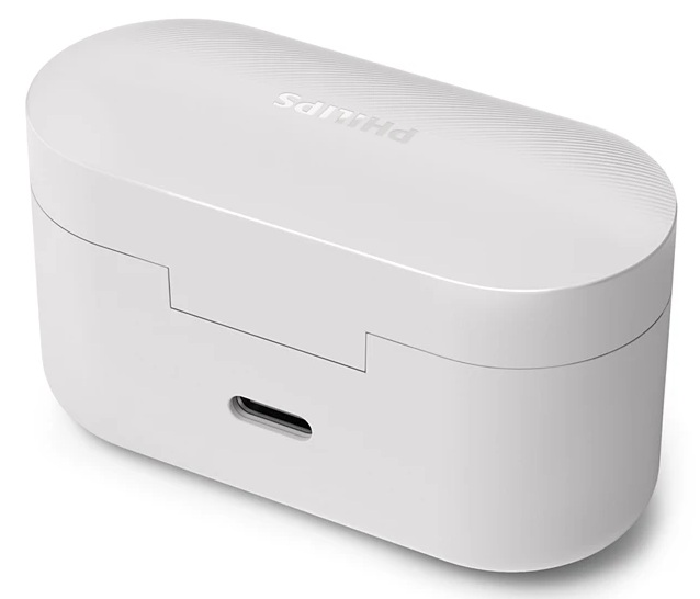 Białe etui ładujące z zaokrąglonymi rogami. Nazwa marki Philips znajduje się na górze.