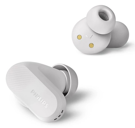 Dwie białe słuchawki na białym tle. Nazwa marki Philips jest na jednej z nich.