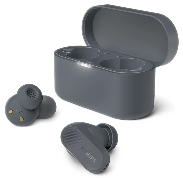 Szare słuchawki Philips i etui ładujące. Szczegóły: słuchawki, otwarte etui, zamknięte etui.