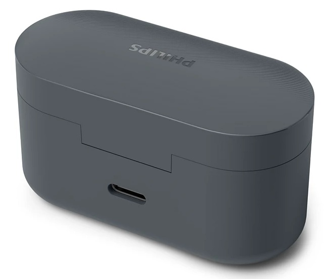 Szare etui ładujące Philips z portem USB-C. Marka Philips na górze.