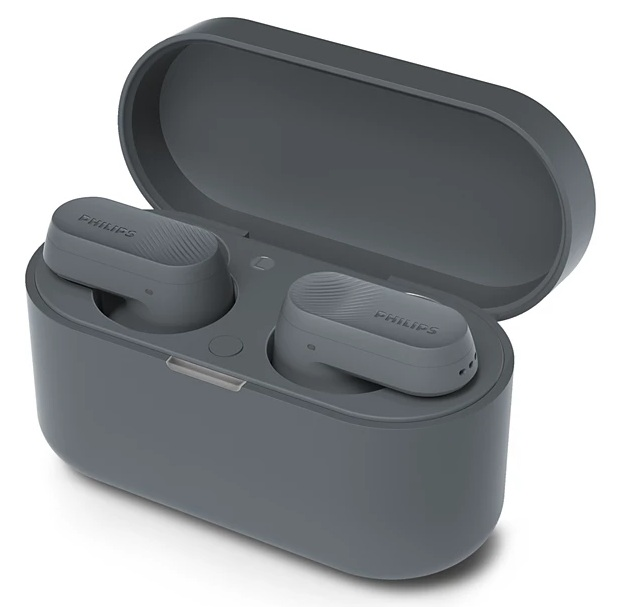 Szare słuchawki Philips z wodą. Szczegóły: słuchawki, woda.
