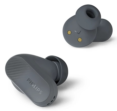 Dwa szare słuchawki Philips. Jeden pokazuje szczegóły wewnętrzne i logo.