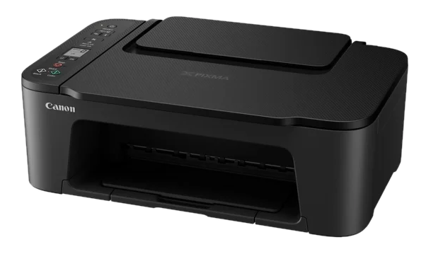 Czarna drukarka Canon Pixma na białym tle, z czarną pokrywą.
