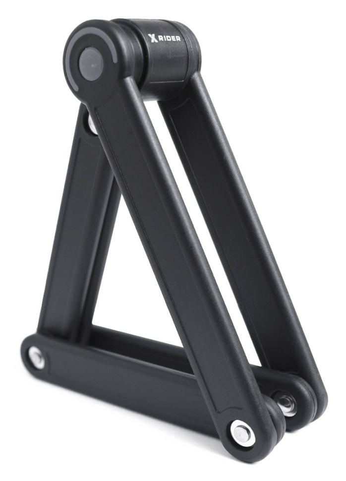 Czarny składany zamek do roweru, zamknięty, na białym tle.