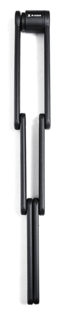 Czarna składana blokada rowerowa, rozłożona, umieszczona na białym tle.