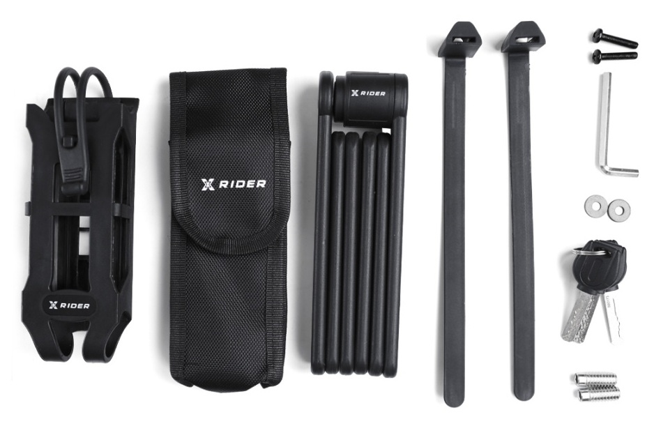 Czarny zamek składany X-RIDER i akcesoria. Zawiera etui, paski, śruby i klucze.