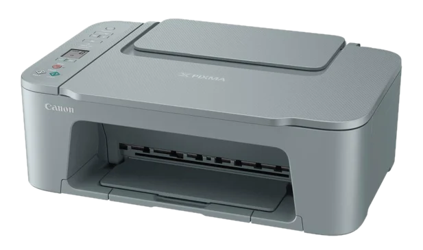 Szara drukarka Canon Pixma. Pokazuje skaner i podajnik papieru.