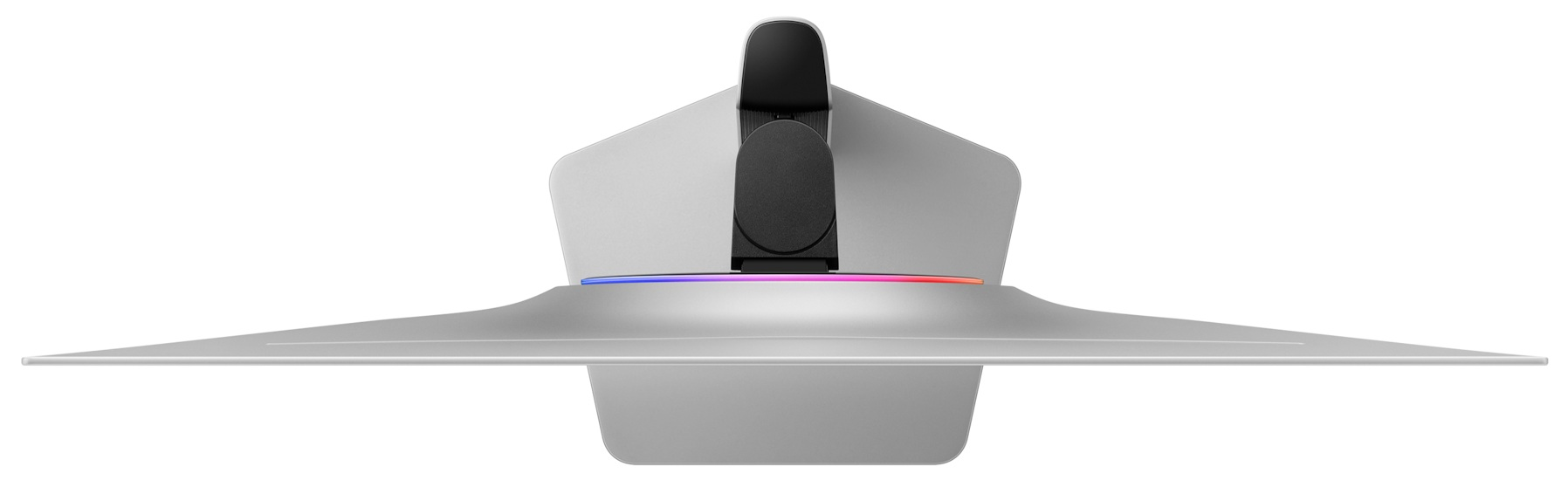 Biała podstawa monitora z czarnym, zakrzywionym blatem.