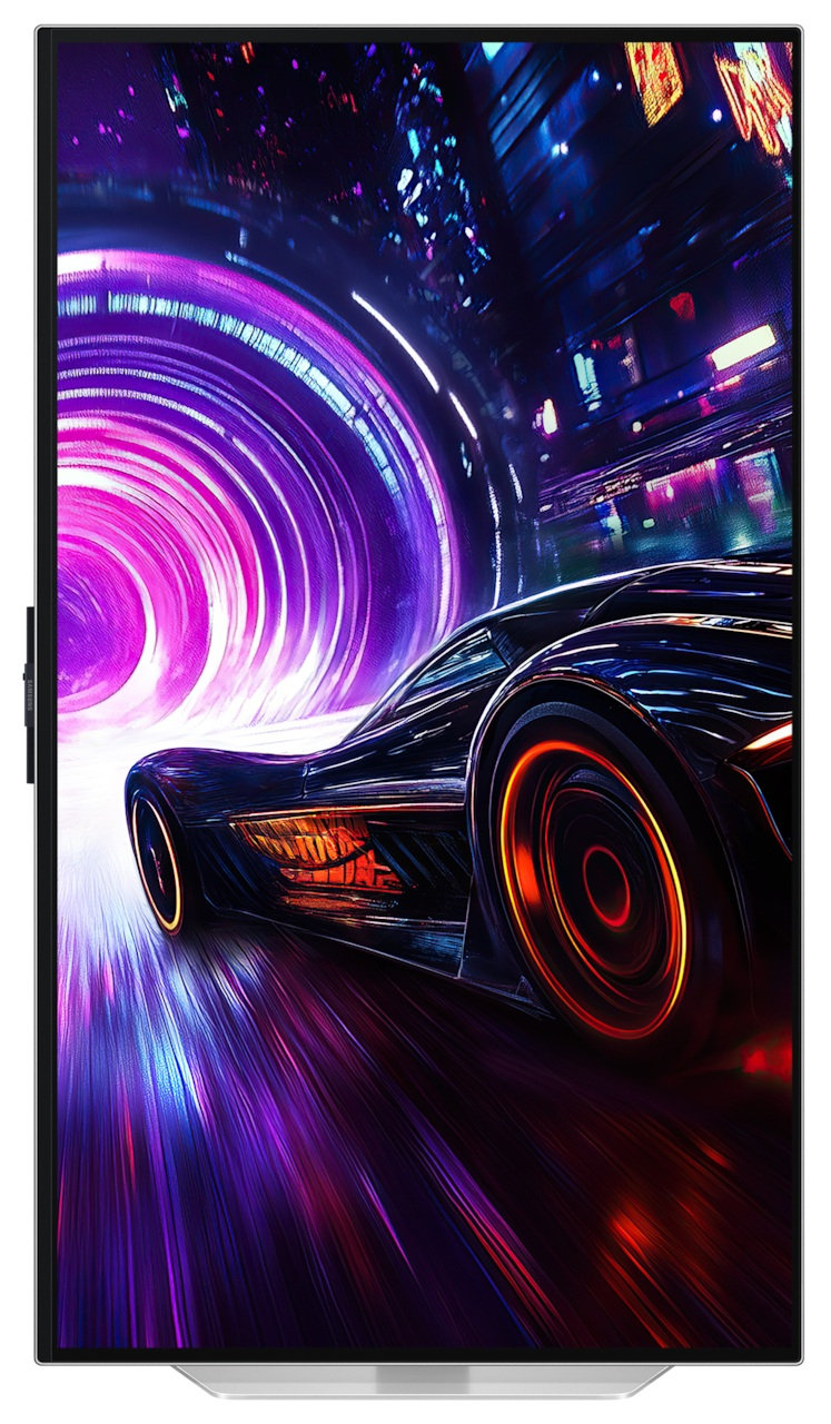 Monitor pokazujący futurystyczny samochód jadący przez neonowy tunel.