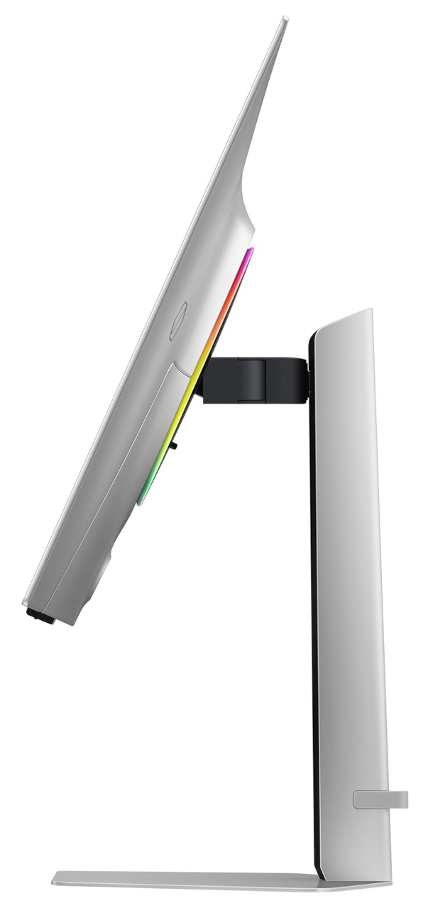 Widok z boku srebrnego monitora komputera z kolorowym paskiem świetlnym z tyłu.