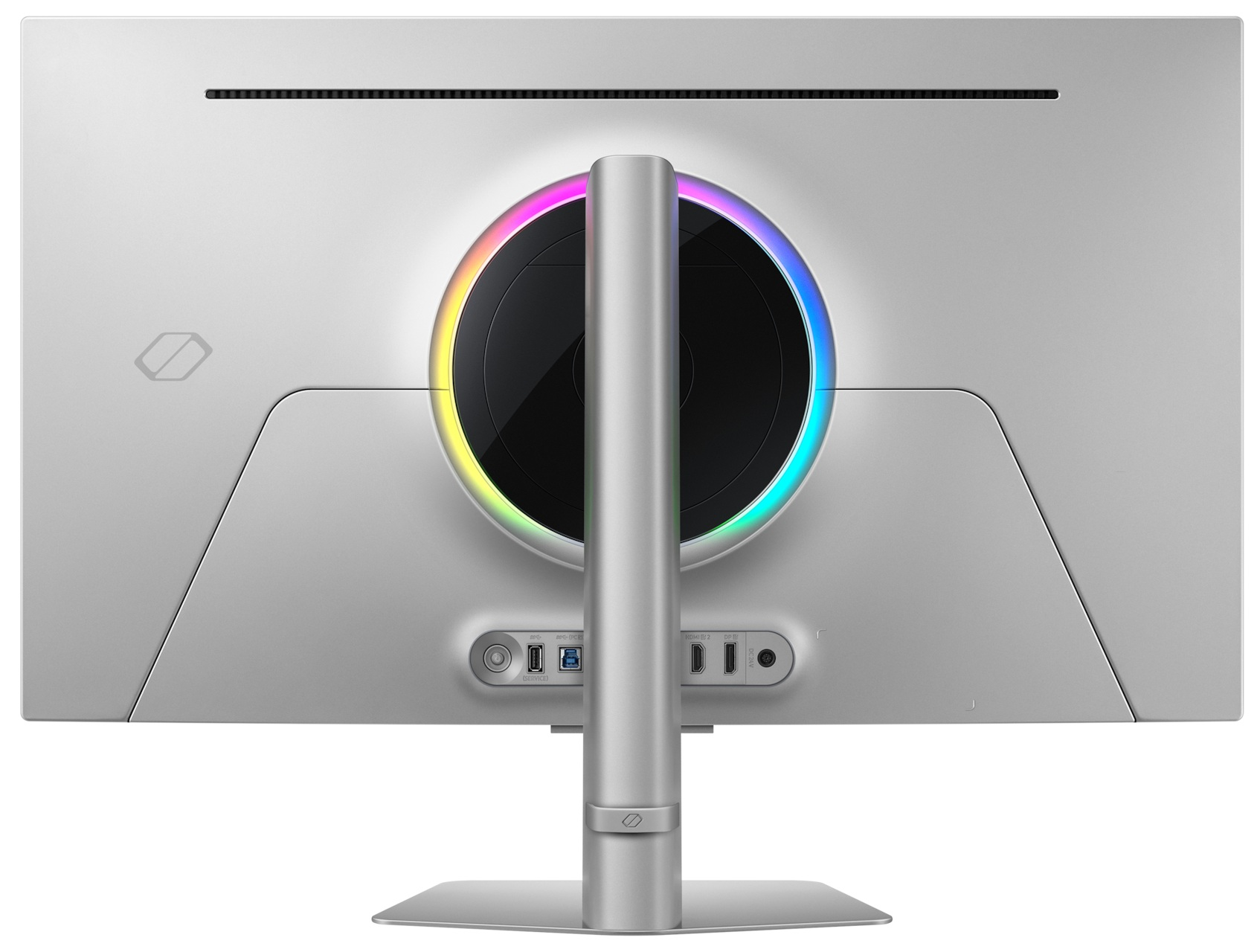 Tył białego monitora z kolorowym okręgiem, portami i podstawą.