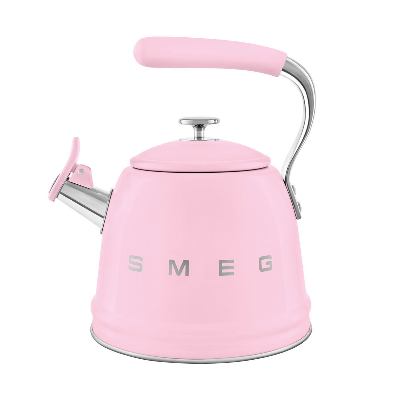 Rosa Smeg Wasserkocher mit Griff und silbernen Akzenten. Schwarzer Hintergrund.